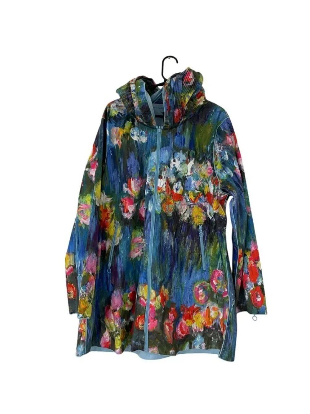Ubu Womens Reversible Raincoat Jacket 1X Blue Floral Abstract tulips Hooded NWT